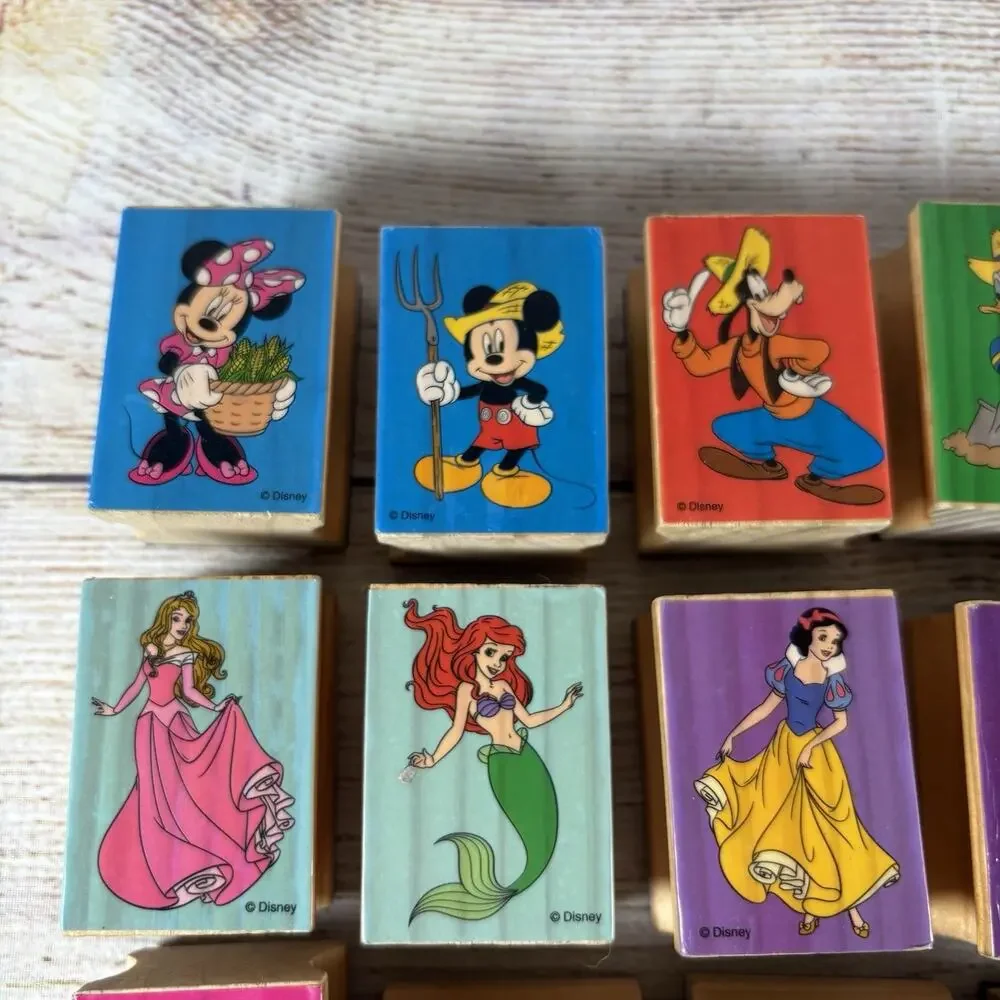 Disney Wooden Rubber Stamp Lot of 23 Mickey Mouse Princess Ariel Planes Craft